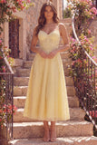 Yellow Corset A Line Spaghetti Straps Prom Dress with Pearls