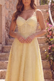 Yellow Corset A Line Spaghetti Straps Prom Dress with Pearls