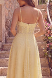 Yellow Corset A Line Spaghetti Straps Prom Dress with Pearls