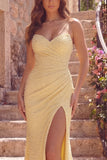 Yellow Sweetheart Ruched Mermaid Long Prom Dress with Slit