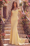 Yellow Mermaid Off The Shoulder Long Prom Dress with Pearls