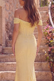 Yellow Mermaid Off The Shoulder Long Prom Dress with Pearls
