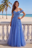 Glitter Dark Blue A Line Off The Shoulder Long Corset Prom Dress with 3D Flowers