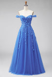 Glitter Dark Blue A Line Off The Shoulder Long Corset Prom Dress with 3D Flowers