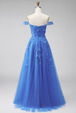 Glitter Dark Blue A Line Off The Shoulder Long Corset Prom Dress with 3D Flowers