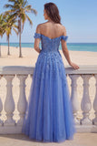 Glitter Dark Blue A Line Off The Shoulder Long Corset Prom Dress with 3D Flowers