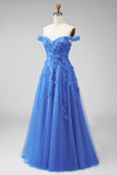 Glitter Dark Blue A Line Off The Shoulder Long Corset Prom Dress with 3D Flowers