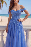 Glitter Dark Blue A Line Off The Shoulder Long Corset Prom Dress with 3D Flowers