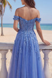 Glitter Dark Blue A Line Off The Shoulder Long Corset Prom Dress with 3D Flowers
