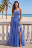 Dark Blue A Line Corset Tulle Beaded Long Prom Dress with Slit