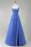 Dark Blue A Line Corset Tulle Beaded Long Prom Dress with Slit