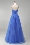 Dark Blue A Line Corset Tulle Beaded Long Prom Dress with Slit