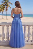 Dark Blue A Line Corset Tulle Beaded Long Prom Dress with Slit