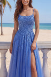Dark Blue A Line Corset Tulle Beaded Long Prom Dress with Slit