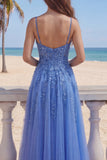 Dark Blue A Line Corset Tulle Beaded Long Prom Dress with Slit