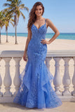 Dark Blue Mermaid Ruffled Spaghetti Straps Long Prom Dress