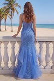 Dark Blue Mermaid Ruffled Spaghetti Straps Long Prom Dress