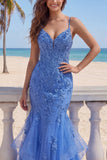 Dark Blue Mermaid Ruffled Spaghetti Straps Long Prom Dress
