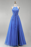 Halter A Line Dark Blue 3D Flowers Long Tulle Prom Dress with Slit