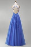 Halter A Line Dark Blue 3D Flowers Long Tulle Prom Dress with Slit