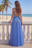 Halter A Line Dark Blue 3D Flowers Long Tulle Prom Dress with Slit