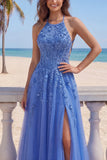 Halter A Line Dark Blue 3D Flowers Long Tulle Prom Dress with Slit