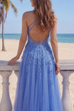 Halter A Line Dark Blue 3D Flowers Long Tulle Prom Dress with Slit