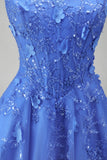 Halter A Line Dark Blue 3D Flowers Long Tulle Prom Dress with Slit