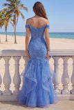 Sparkly Dark Blue Off The Shoulder Ruffled Mermaid Long Prom Dress