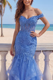 Sparkly Dark Blue Off The Shoulder Ruffled Mermaid Long Prom Dress