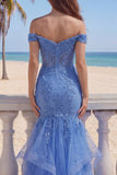 Sparkly Dark Blue Off The Shoulder Ruffled Mermaid Long Prom Dress