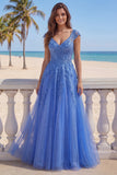 Dark Blue A Line Corset V-Neck Tulle Long Prom Dress with Cap Sleeves
