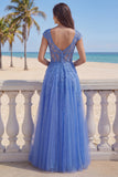 Dark Blue A Line Corset V-Neck Tulle Long Prom Dress with Cap Sleeves