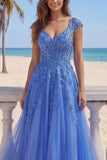 Dark Blue A Line Corset V-Neck Tulle Long Prom Dress with Cap Sleeves
