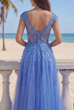 Dark Blue A Line Corset V-Neck Tulle Long Prom Dress with Cap Sleeves