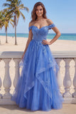 Off The Shoulder Dark Blue Ruffled Corset A Line Long Prom Dress