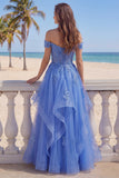 Off The Shoulder Dark Blue Ruffled Corset A Line Long Prom Dress