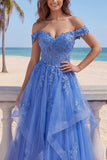 Off The Shoulder Dark Blue Ruffled Corset A Line Long Prom Dress