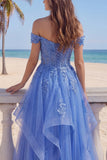 Off The Shoulder Dark Blue Ruffled Corset A Line Long Prom Dress