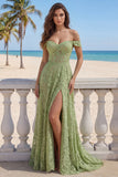 Sage Green Lace Off the Shoulder A-Line Long Prom Dress with Slit