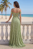 Sage Green Lace Off the Shoulder A-Line Long Prom Dress with Slit