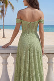 Sage Green Lace Off the Shoulder A-Line Long Prom Dress with Slit