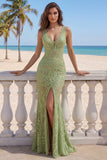 Sage Green Mermaid Lace V-Neck Long Prom Dress with Slit