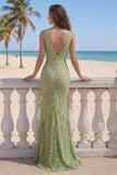 Sage Green Mermaid Lace V-Neck Long Prom Dress with Slit