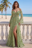 Sage Green A-Line Off the Shoulder Lace Beaded Long Prom Dress with Slit