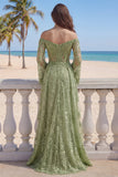 Sage Green A-Line Off the Shoulder Lace Beaded Long Prom Dress with Slit