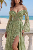 Sage Green A-Line Off the Shoulder Lace Beaded Long Prom Dress with Slit