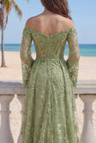 Sage Green A-Line Off the Shoulder Lace Beaded Long Prom Dress with Slit