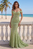 Mermaid Sage Green Off the Shoulder Long Lace Prom Dress