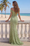 Mermaid Sage Green Off the Shoulder Long Lace Prom Dress